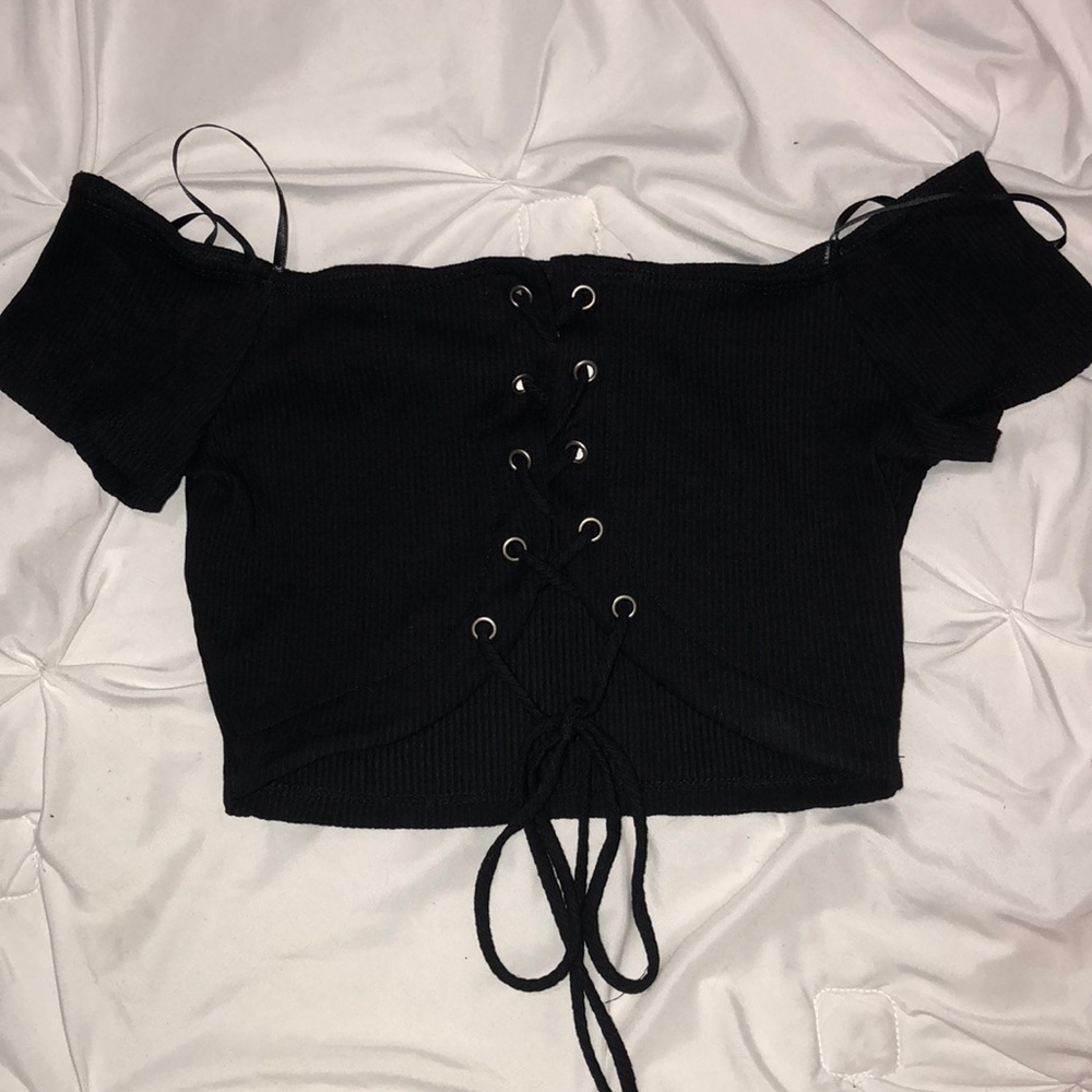 Black lace up off the shoulder crop top.